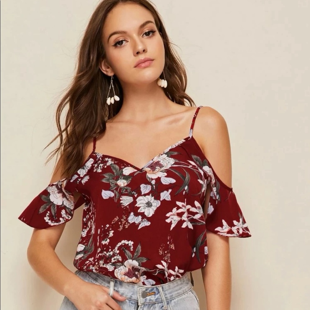 Cold shoulder tropical print top